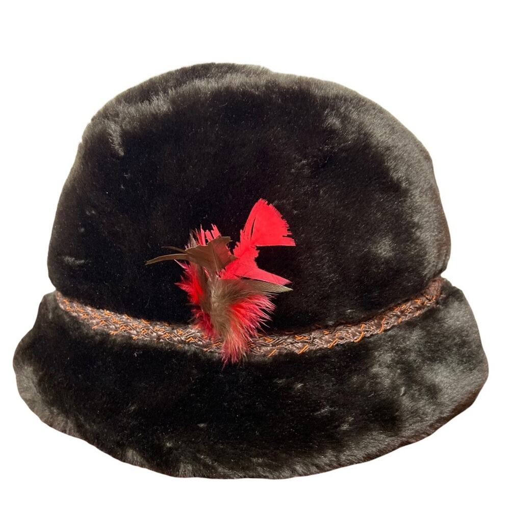 Vintage Fur Fedora Hat Braided Feather 70s USA Union Made Brown Red M